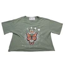 Cold Crush Shirt Womens M Green Butterfly Design Crew Neck Short Sleeve Crop Top - £18.29 GBP