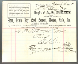 Gurney 1898 invoice waybill Wareham MA flour grain coal cement nails adv... - $14.00