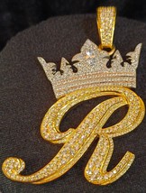 14k Yellow Gold Plated Custom Initial R Crown Pendant in 1.5ct Simulated Diamond - £157.63 GBP