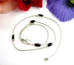 Monet Black Enamel Beads Vintage Necklace Silvertone Oblong Beaded Chain 15.5&quot; - £16.60 GBP