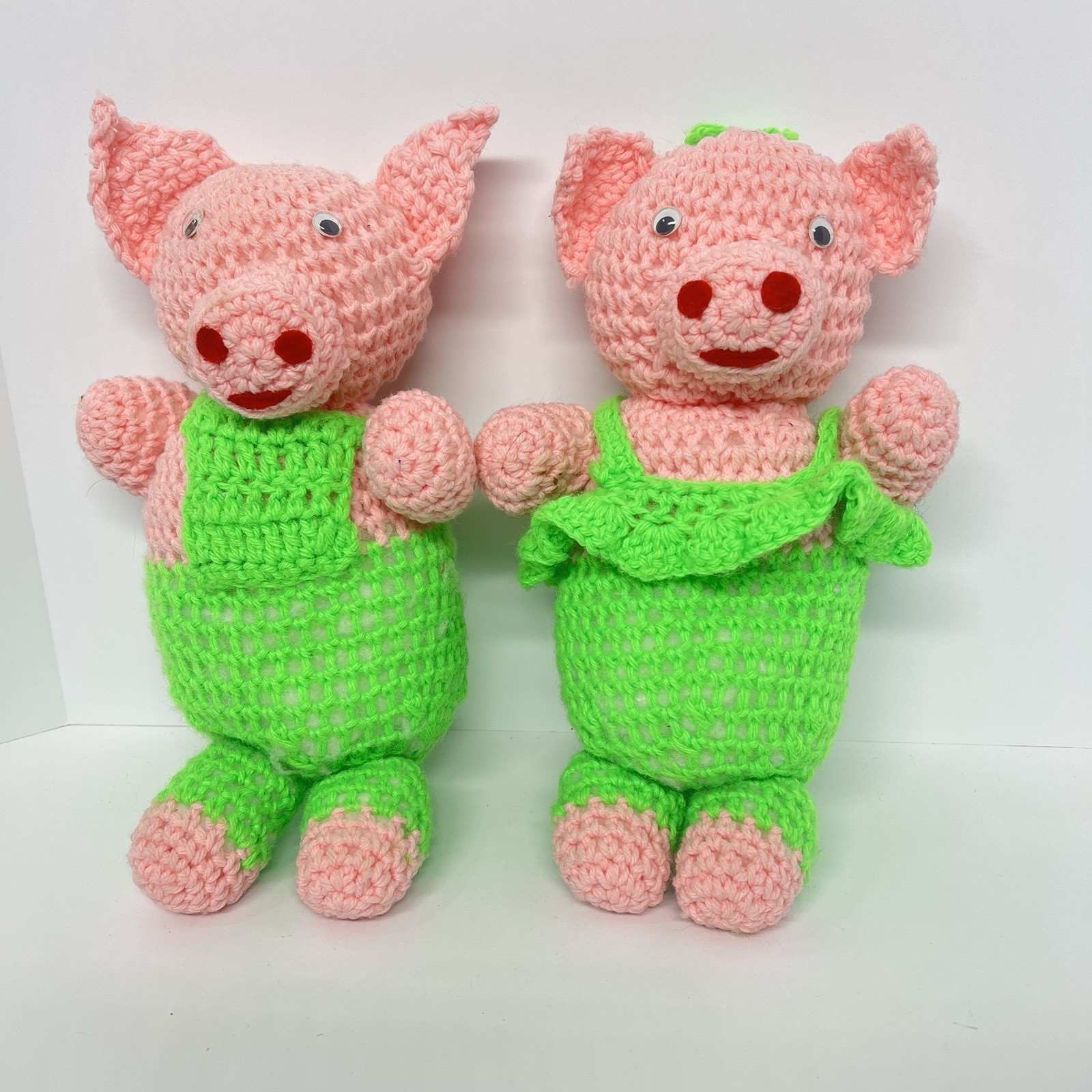Lot Of 2 Crochet Pigs Handmade Plush 12in Stuffed Animal Toy Pink Husband Wife Item image 3