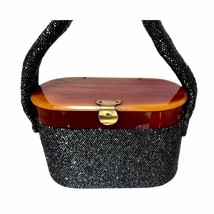 1940s Oval Box Purse Black Carnival Beads Amber Lucite Lid Beaded Handle - £136.01 GBP