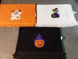 Halloween Hand Towel Applique Embroidered Fringe Pumpkin Ghost Witch 11.5x16 - £13.14 GBP