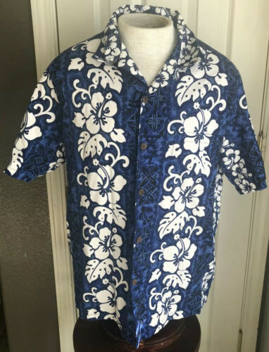 Primary image for Hawaiian Shirt Co Blue/White Hibiscus Flower Floral Shirt Mens XL Made In Hawaii