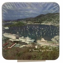 Square Cork-Backed Coasters Set of 4 St. Thomas, Virgin Islands Scene Bay Ships - £9.88 GBP