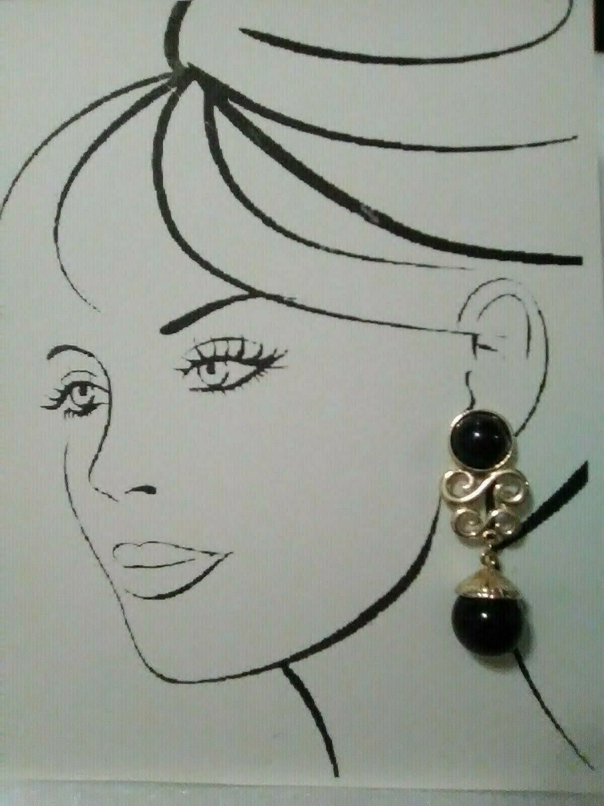Primary image for VINTAGE FASHION CLIP EARRINGS GOLDEN CHANDELIERS W/ BLACK CABOCHONS & DROPS