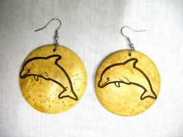 Big Jumping Dolphin Beach Nautical Laser Cut Design Round Coconut Shell Earrings - £4.69 GBP