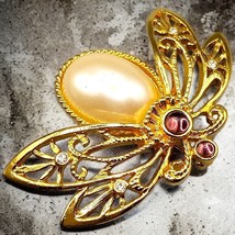 Vintage Avon Bee Insect  Brooch Pin Purple Rhinesto Gold Tone White Acry... - $11.76