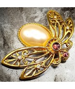 Vintage Avon Bee Insect  Brooch Pin Purple Rhinesto Gold Tone White Acry... - £9.23 GBP