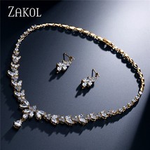 ZAKOL Zircons Brand Fashion White AAA+ CZ Zirconia Leaf Earrings Necklace Set fo - £46.28 GBP