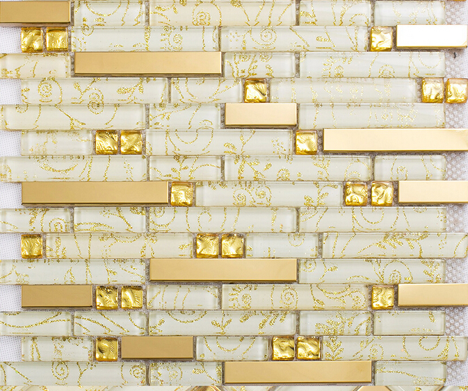 Glass Metal Linear Mosaic Wall Tiles Shiny Gold and White Backsplash Set of 11