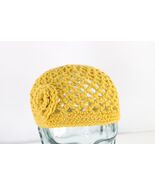 NOS Vtg 70s Streetwear Crochet Wool Knit Flower Skull Beanie Hat Yellow ... - $719.71 MXN