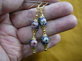 (ee614-73) 9x12 mm Dark Blue pink flower CLOISONNE 2 bead oval dangle EARRINGS - $22.43