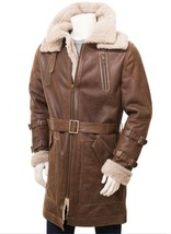 Men&#39;s Brown Long Belted Genuine leather Real Original Shearling Coat - $575.49