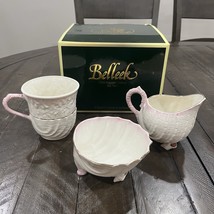 Belleek Neptune 4&quot; Handled Shell Creamer &amp; 2 1/4 Sugar Banner Mug Set Ir... - $1,854.00 MXN