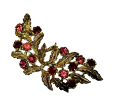 Vintage Pink and Red Rhinestone Gold Tone Leaves Brooch Pin Jewelry 2.5 ... - £6.88 GBP