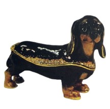 Jeweled Enameled Pewter Black Daschund Hinged Trinket Ring Jewelry Box - £21.30 GBP