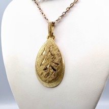 Vintage Etched Teardrop Pendant Brushed Gold Tone on Long Chain Necklace - £30.93 GBP