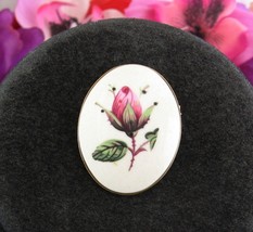 Porcelain PINK ROSE PIN Vintage Hand Painted Brooch White Oval Goldtone 1 3/8&quot; - $20.78