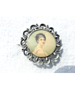 Antique Portrait Miniature Sterling Silver Pin Hand Painted Under Glass ... - €93,87 EUR