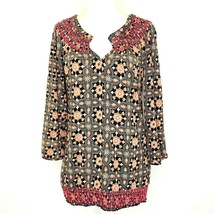 Lucky Brand Knit Top Womens size Med 3/4 Sleeve Split Neck Smocked Black Rust - £17.69 GBP