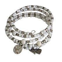 White &amp; Silver Tone Beaded Hamsa Wrap Bracelet - £12.34 GBP