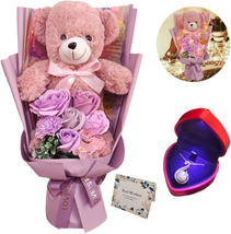 Mothers Day Gifts for Mom Wife, Preserved Rose Bouquet Flowers with Teddy Bear - - £52.58 GBP