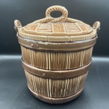 Vintage Barrel Basket Bucket McCoy Ceramic Cookie Jar Tan Brown 9.5” USA - £25.14 GBP