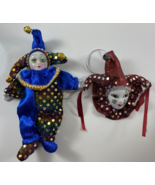 Lot of 2 Court Jester Porcelain Head Magnet Back Mardi Gras Clown Sequins - £17.91 GBP