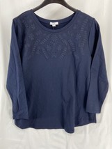 Croft &amp; Barrow Size 2X Women&#39;s White Embroidered Navy Blue Long Sleeve  Blouse - £12.79 GBP