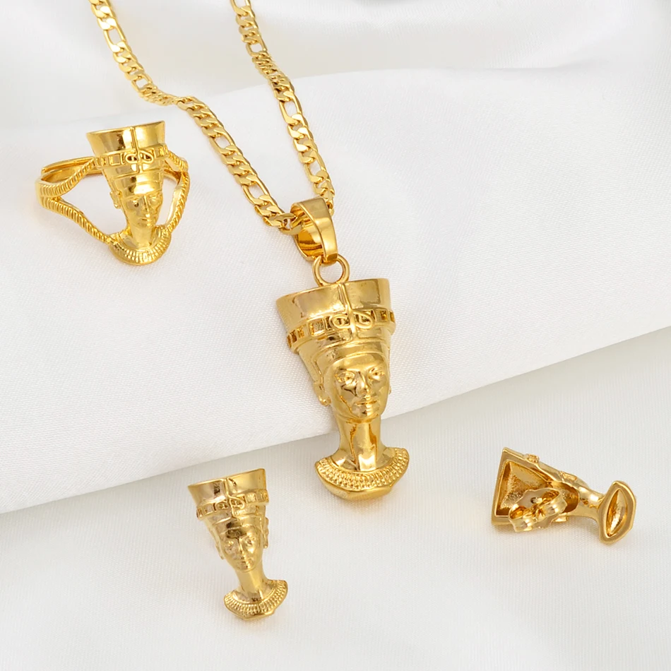 Anniyo Egyptian Queen Nefertiti Sets Pendant Necklace Stud Earrings Ring African - £21.75 GBP