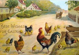 Easter Postcard Baby Chicks Rooster Hen Country Road Hay Stacks Village Germany - £15.31 GBP