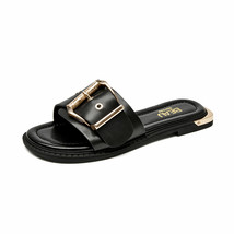 Casual Slippers Women Cow Leather Flats Metal Buckle Summer Outdoor Slides Ladie - $119.74