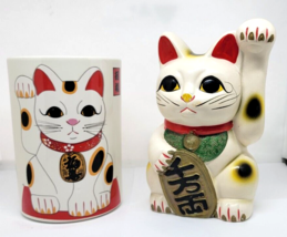 TWO PIECE Vintage Ceramic Maneki Neko Lucky COIN BANK &amp; UTENSIL CROCK Japan - £46.20 GBP