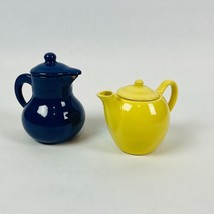 Vintage Blue Ceramic Milk or Creamer Pitcher &amp; 4.5&quot; Yellow Ceramic Teapot - $28.49