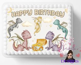 Dragon Watercolor Theme Edible Image Birthday Cake Topper Frosting Sheet... - £12.93 GBP