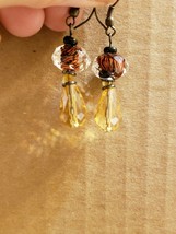 Hand Crafted Artisan Dangle Drop Earrings Brown Clear Beads - £6.23 GBP