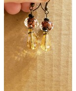 Hand Crafted Artisan Dangle Drop Earrings Brown Clear Beads - £6.26 GBP