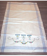 Vintage HAND STITCHED CUPS FLOWERS Linen Tea Kitchen Towel 1970&#39;s - $27.16 CAD