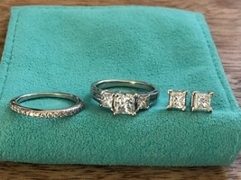 ENGAGEMENT RING SET in 14K White Gold Finish with matching DIAMOND EARRINGS - $84.14