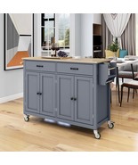 Grey Blue Kitchen Island Cart: Solid Wood Top, Locking Wheels - €255,37 EUR