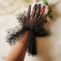 Tulle Bridal Gloves With Black Dots, Ruffled Tulle Bridal Gloves, Chic B... - £28.00 GBP