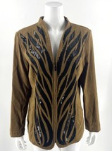 Bob Mackie Jacket M Brown Black Sequin Zip Wearable Art Removable Shoulder Pads - £27.69 GBP
