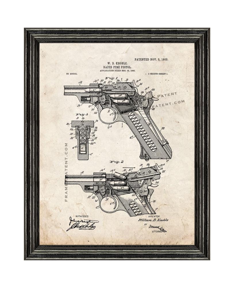 Rapid-fire Pistol Patent Print Old Look with Black Wood Frame