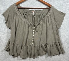 Free People Womens Top M Ruffle Hem Peasant  Olive Green Rayon Linen Blend - $18.19