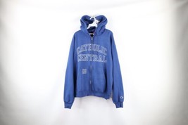 Vtg Champion Mens Large Faded Spell Out Catholic Central Full Zip Hoodie Blue - £45.34 GBP