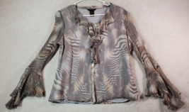 Sioni Blouse Top Womens Small Gray Brown Animal Print Silk V Neck Button Front - $14.29
