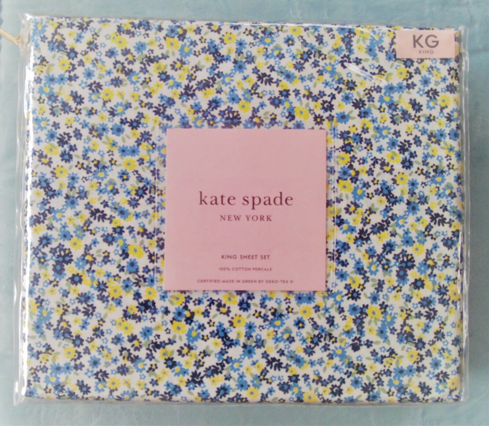 New Kate Spade Floral Country Blue Yellow 100% Cotton Percale KING Sheet Set 4pc - £83.72 GBP