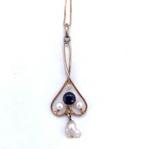 10k Yellow Gold Lavaliere Victorian Pendant with Blue Stone and Pearls (... - $247.50