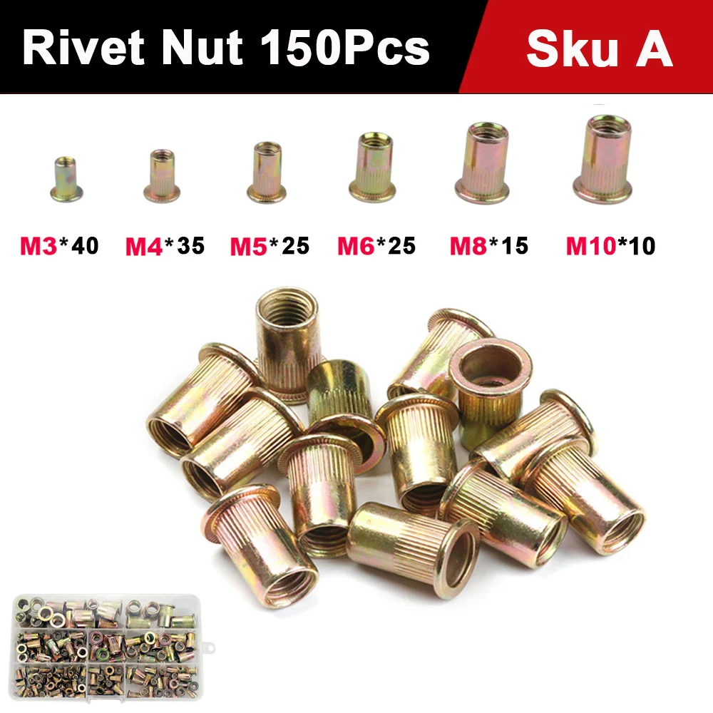 150PCS Pull Rivet Nut  Steel Rivet Nut M3 M4 M5 M6 M8 M10 Flat Head Rive... - $98.22